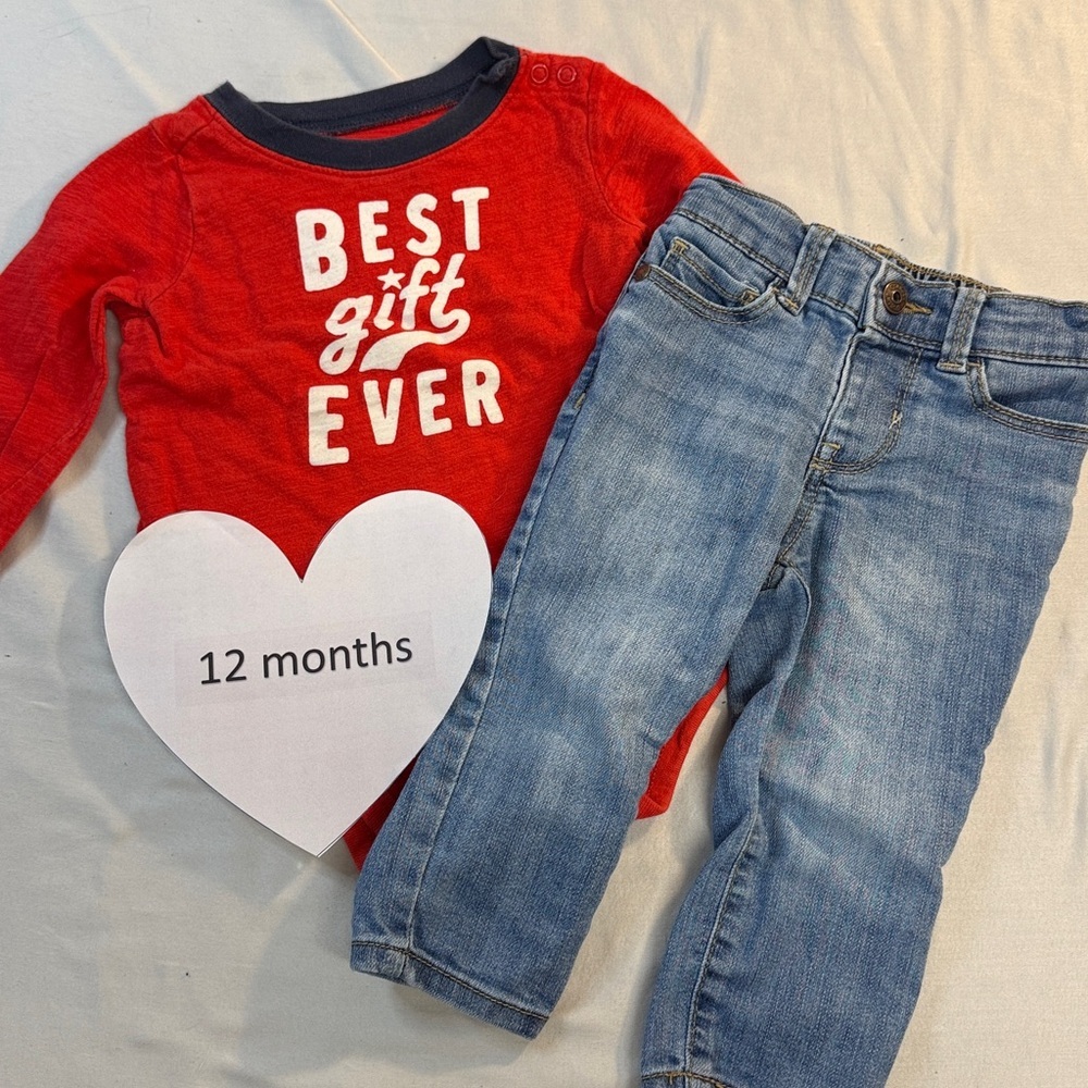 OshKosh B'gosh - 2-piece set - long sleeve Red and Blue Baby Shirt and Jeans